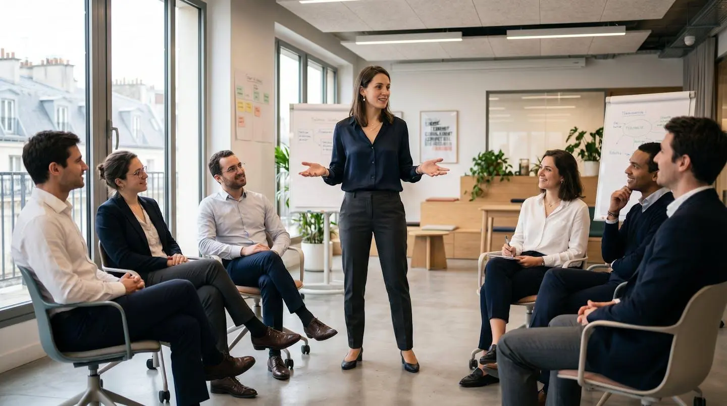 Femme en situation de présentation professionnelle, posture ancrée et mains ouvertes en geste d'explication devant une petite audience attentive dans un espace de formation contemporain
