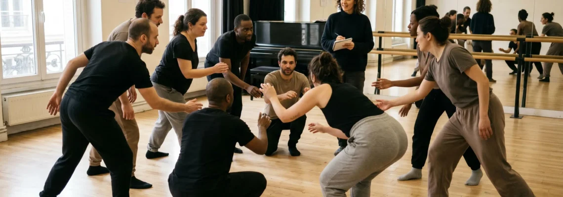 Groupe de participants adultes en cercle dans une salle de répétition théâtrale parisienne, engagés dans un exercice d'improvisation collective sous la supervision bienveillante d'un formateur